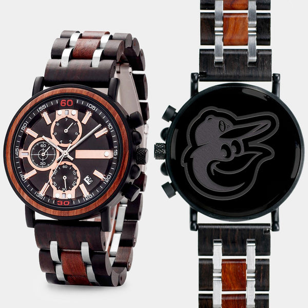 Baltimore Orioles Mens Wrist Watch  - Personalized Baltimore Orioles Mens Watches - Custom Gifts For Him, Birthday Gifts, Gift For Dad - Best 2022 Baltimore Orioles Christmas Gifts - Black 45mm MLB Wood Watch - By Engraved In Nature