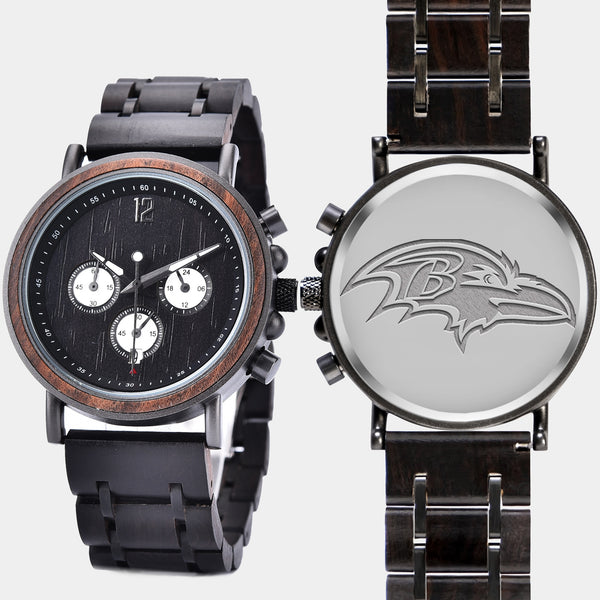 Baltimore Ravens Mens Wrist Watch  - Personalized Baltimore Ravens Mens Watches - Custom Gifts For Him, Birthday Gifts, Gift For Dad - Best 2022 Baltimore Ravens Christmas Gifts - Black 45mm NFL Wood Watch - By Engraved In Nature