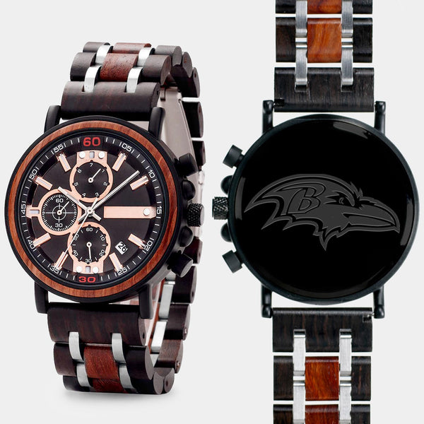 Baltimore Ravens Mens Wrist Watch  - Personalized Baltimore Ravens Mens Watches - Custom Gifts For Him, Birthday Gifts, Gift For Dad - Best 2022 Baltimore Ravens Christmas Gifts - Black 45mm NFL Wood Watch - By Engraved In Nature