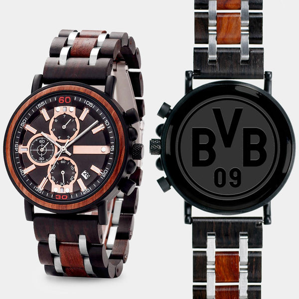 Borussia Dortmund Mens Wrist Watch  - Personalized Borussia Dortmund Mens Watches - Custom Gifts For Him, Birthday Gifts, Gift For Dad - Best 2022 Borussia Dortmund Christmas Gifts - Black 45mm FC Wood Watch - By Engraved In Nature