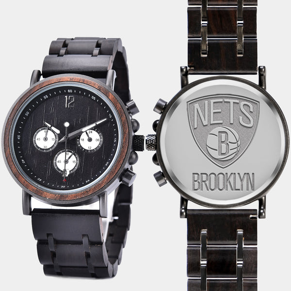 Brooklyn Nets Mens Wrist Watch  - Personalized Brooklyn Nets Mens Watches - Custom Gifts For Him, Birthday Gifts, Gift For Dad - Best 2022 Brooklyn Nets Christmas Gifts - Black 45mm NBA Wood Watch - By Engraved In Nature