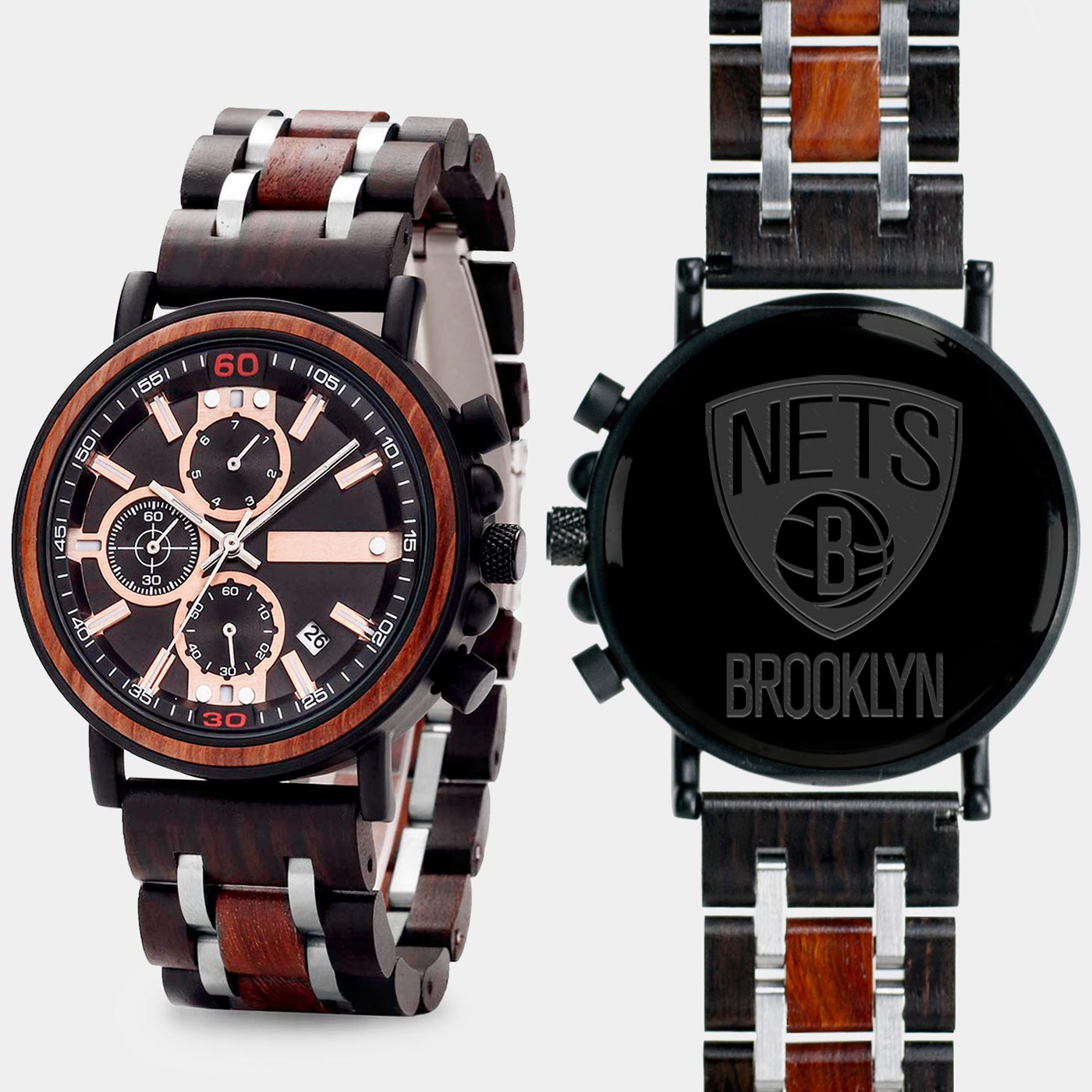 Brooklyn Nets Mens Wrist Watch  - Personalized Brooklyn Nets Mens Watches - Custom Gifts For Him, Birthday Gifts, Gift For Dad - Best 2022 Brooklyn Nets Christmas Gifts - Black 45mm NBA Wood Watch - By Engraved In Nature