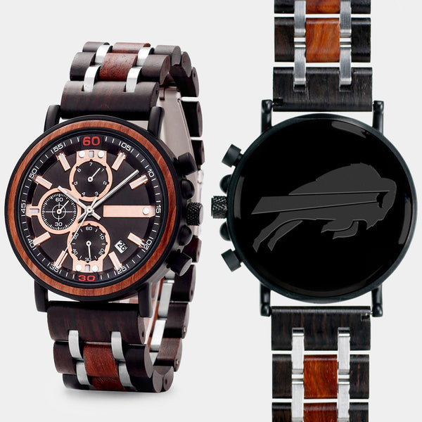 Buffalo Bills Mens Wrist Watch  - Personalized Buffalo Bills Mens Watches - Custom Gifts For Him, Birthday Gifts, Gift For Dad - Best 2022 Buffalo Bills Christmas Gifts - Black 45mm NFL Wood Watch - By Engraved In Nature