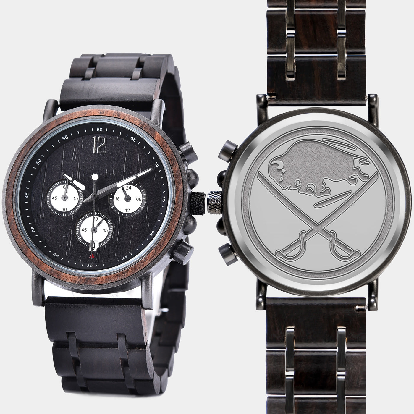 Buffalo Sabres Mens Wrist Watch  - Personalized Buffalo Sabres Mens Watches - Custom Gifts For Him, Birthday Gifts, Gift For Dad - Best 2022 Buffalo Sabres Christmas Gifts - Black 45mm NHL Wood Watch - By Engraved In Nature