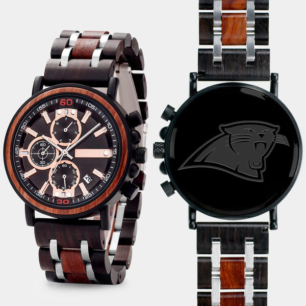 Carolina Panthers Mens Wrist Watch  - Personalized Carolina Panthers Mens Watches - Custom Gifts For Him, Birthday Gifts, Gift For Dad - Best 2022 Carolina Panthers Christmas Gifts - Black 45mm NFL Wood Watch - By Engraved In Nature