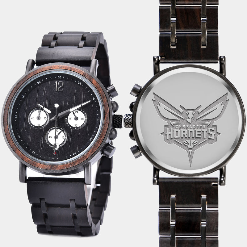 Charlotte Hornets Mens Wrist Watch  - Personalized Charlotte Hornets Mens Watches - Custom Gifts For Him, Birthday Gifts, Gift For Dad - Best 2022 Charlotte Hornets Christmas Gifts - Black 45mm NBA Wood Watch - By Engraved In Nature