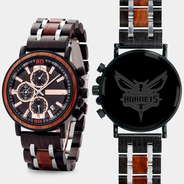 Charlotte Hornets Mens Wrist Watch  - Personalized Charlotte Hornets Mens Watches - Custom Gifts For Him, Birthday Gifts, Gift For Dad - Best 2022 Charlotte Hornets Christmas Gifts - Black 45mm NBA Wood Watch - By Engraved In Nature