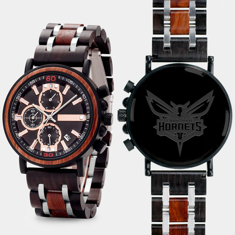 Charlotte Hornets Mens Wrist Watch  - Personalized Charlotte Hornets Mens Watches - Custom Gifts For Him, Birthday Gifts, Gift For Dad - Best 2022 Charlotte Hornets Christmas Gifts - Black 45mm NBA Wood Watch - By Engraved In Nature