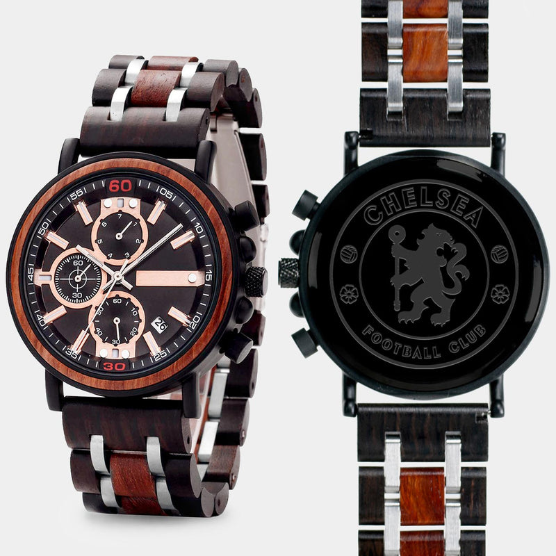 Chelsea F.C. Mens Wrist Watch  - Personalized Chelsea F.C. Mens Watches - Custom Gifts For Him, Birthday Gifts, Gift For Dad - Best 2022 Chelsea F.C. Christmas Gifts - Black 45mm FC Wood Watch - By Engraved In Nature