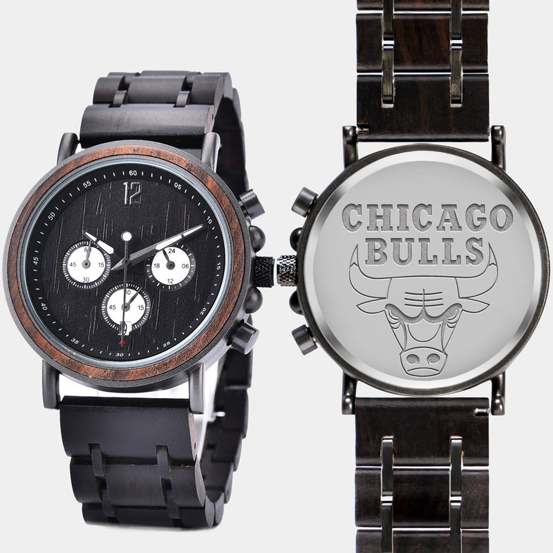 Chicago Bulls Mens Wrist Watch  - Personalized Chicago Bulls Mens Watches - Custom Gifts For Him, Birthday Gifts, Gift For Dad - Best 2022 Chicago Bulls Christmas Gifts - Black 45mm NBA Wood Watch - By Engraved In Nature