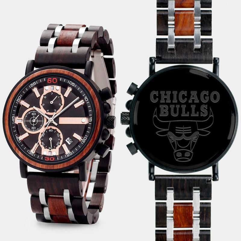 Chicago Bulls Mens Wrist Watch  - Personalized Chicago Bulls Mens Watches - Custom Gifts For Him, Birthday Gifts, Gift For Dad - Best 2022 Chicago Bulls Christmas Gifts - Black 45mm NBA Wood Watch - By Engraved In Nature