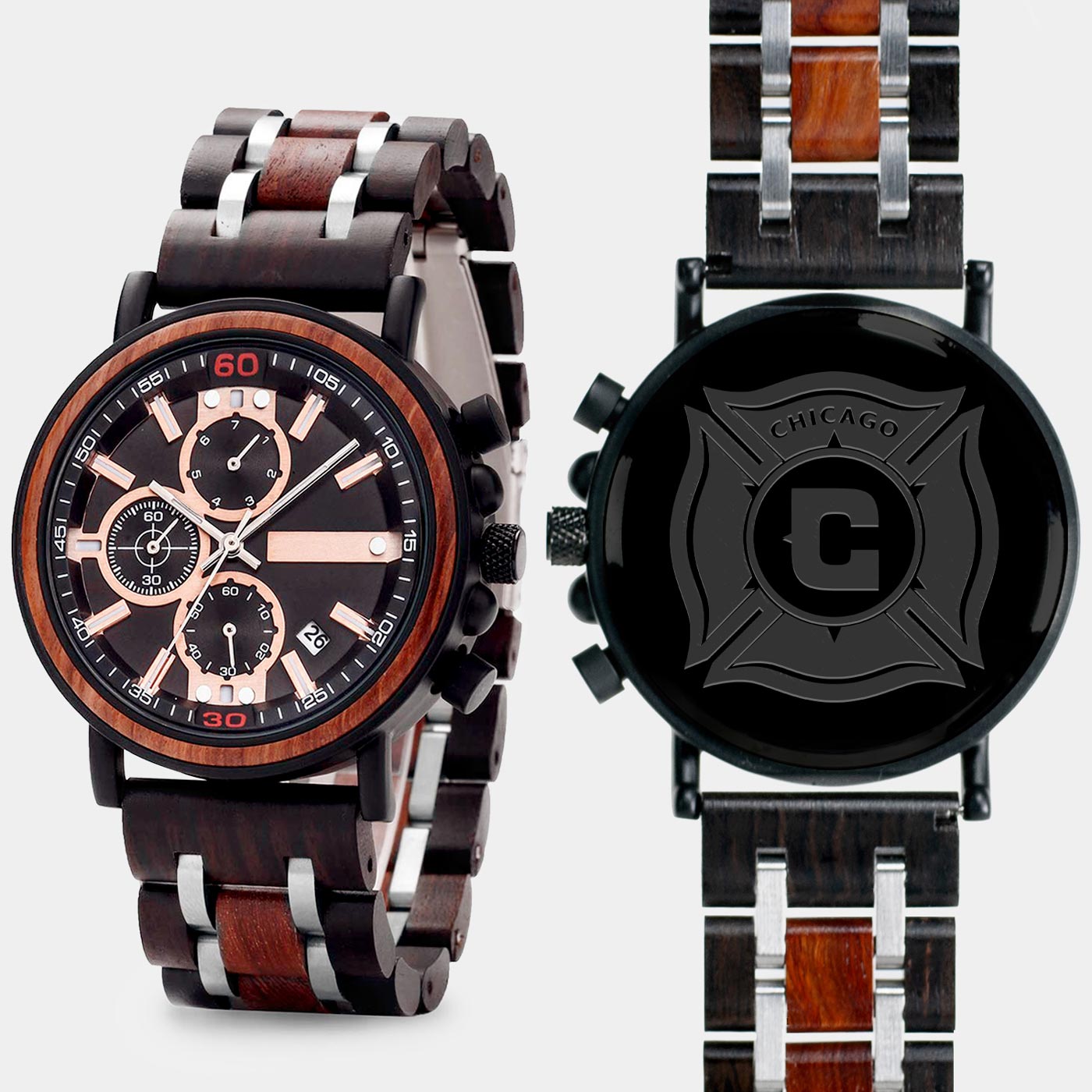 Chicago Fire SC Mens Wrist Watch  - Personalized Chicago Fire SC Mens Watches - Custom Gifts For Him, Birthday Gifts, Gift For Dad - Best 2022 Chicago Fire SC Christmas Gifts - Black 45mm MLS Wood Watch - By Engraved In Nature