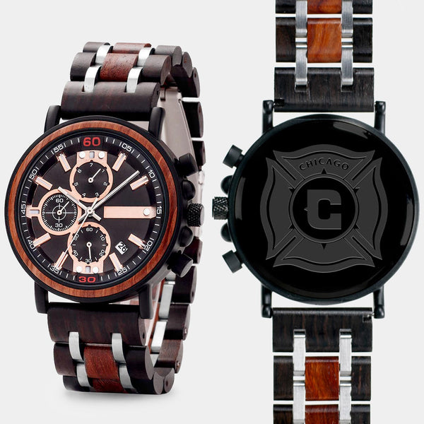 Chicago Fire SC Mens Wrist Watch  - Personalized Chicago Fire SC Mens Watches - Custom Gifts For Him, Birthday Gifts, Gift For Dad - Best 2022 Chicago Fire SC Christmas Gifts - Black 45mm MLS Wood Watch - By Engraved In Nature