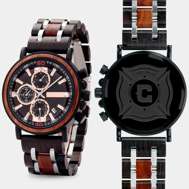 Chicago Fire SC Mens Wrist Watch  - Personalized Chicago Fire SC Mens Watches - Custom Gifts For Him, Birthday Gifts, Gift For Dad - Best 2022 Chicago Fire SC Christmas Gifts - Black 45mm MLS Wood Watch - By Engraved In Nature