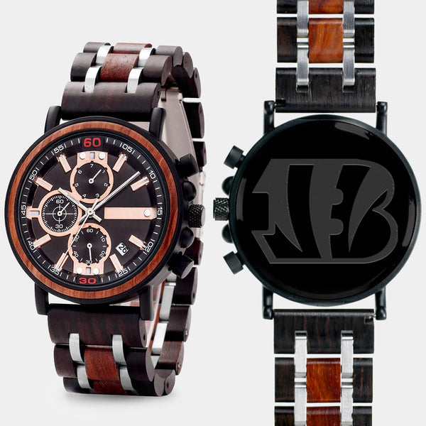 Cincinnati Bengals Mens Wrist Watch  - Personalized Cincinnati Bengals Mens Watches - Custom Gifts For Him, Birthday Gifts, Gift For Dad - Best 2022 Cincinnati Bengals Christmas Gifts - Black 45mm NFL Wood Watch - By Engraved In Nature