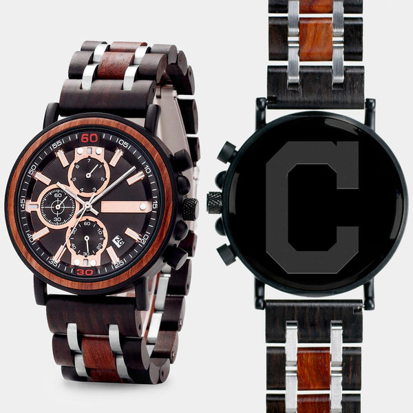 Cleveland Guardians Mens Wrist Watch  - Personalized Cleveland Guardians Mens Watches - Custom Gifts For Him, Birthday Gifts, Gift For Dad - Best 2022 Cleveland Guardians Christmas Gifts - Black 45mm MLB Wood Watch - By Engraved In Nature
