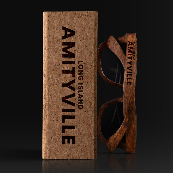 Amityville Long Island Wood Sunglasses with custom engraving. Custom Amityville Long Island Gifts For Men -  Sustainable Amityville Long Island eco friendly products - Personalized Amityville Long Island Birthday Gifts - Unique Amityville Long Island travel Souvenirs and gift shops. Amityville Long Island Wayfarer Eyewear and Shades wiith Box