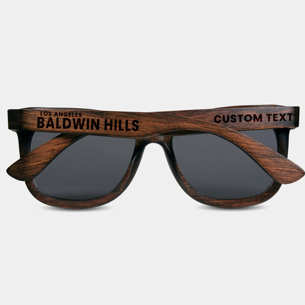 Baldwin Hills California Wood Sunglasses with custom engraving. Custom Baldwin Hills California Gifts For Men -  Sustainable Baldwin Hills California eco friendly products - Personalized Baldwin Hills California Birthday Gifts - Unique Baldwin Hills California travel Souvenirs and gift shops. Baldwin Hills California Wayfarer Eyewear and Shades 