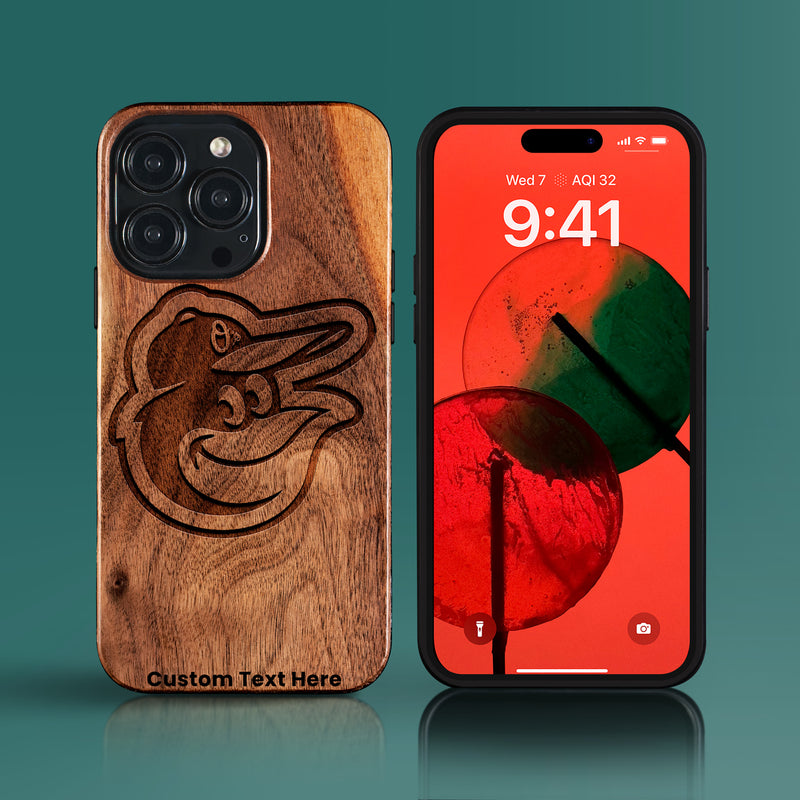 Custom Baltimore Orioles iPhone 15/15 Pro/15 Pro Max/15 Plus Case - Carved Wood Orioles Cover
