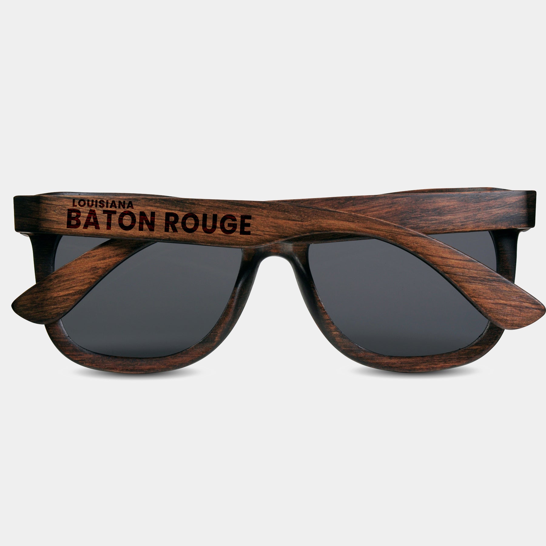 Baton Rouge Louisiana Wood Sunglasses with custom engraving.  Add Your Custom Engraving On The Right Side. Baton Rouge Louisiana Custom Gifts For Men - Baton Rouge Louisiana Sustainable Wayfarer Eyewear and Shades Front View
