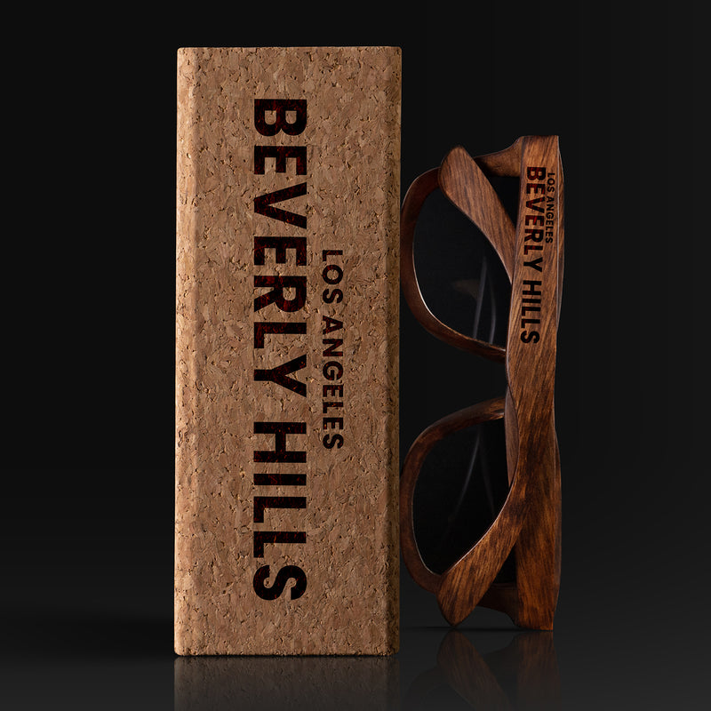 Beverly Hills California Wood Sunglasses with custom engraving. Custom Beverly Hills California Gifts For Men -  Sustainable Beverly Hills California eco friendly products - Personalized Beverly Hills California Birthday Gifts - Unique Beverly Hills California travel Souvenirs and gift shops. Beverly Hills California Wayfarer Eyewear and Shades wiith Box