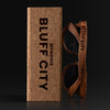Bluff City Tennessee Wood Sunglasses with custom engraving. Custom Bluff City Tennessee Gifts For Men -  Sustainable Bluff City Tennessee eco friendly products - Personalized Bluff City Tennessee Birthday Gifts - Unique Bluff City Tennessee travel Souvenirs and gift shops. Bluff City Tennessee Wayfarer Eyewear and Shades wiith Box
