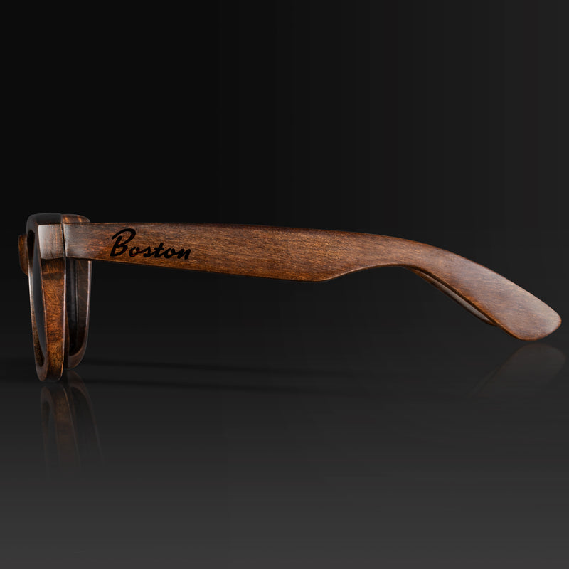 Boston Massachusetts Wood Sunglasses with custom engraving. Custom Boston Massachusetts Gifts For Men -  Sustainable Boston Massachusetts eco friendly products - Personalized Boston Massachusetts Birthday Gifts - Unique Boston Massachusetts travel Souvenirs and gift shops. Boston Massachusetts Wayfarer Eyewear and Shades Side
