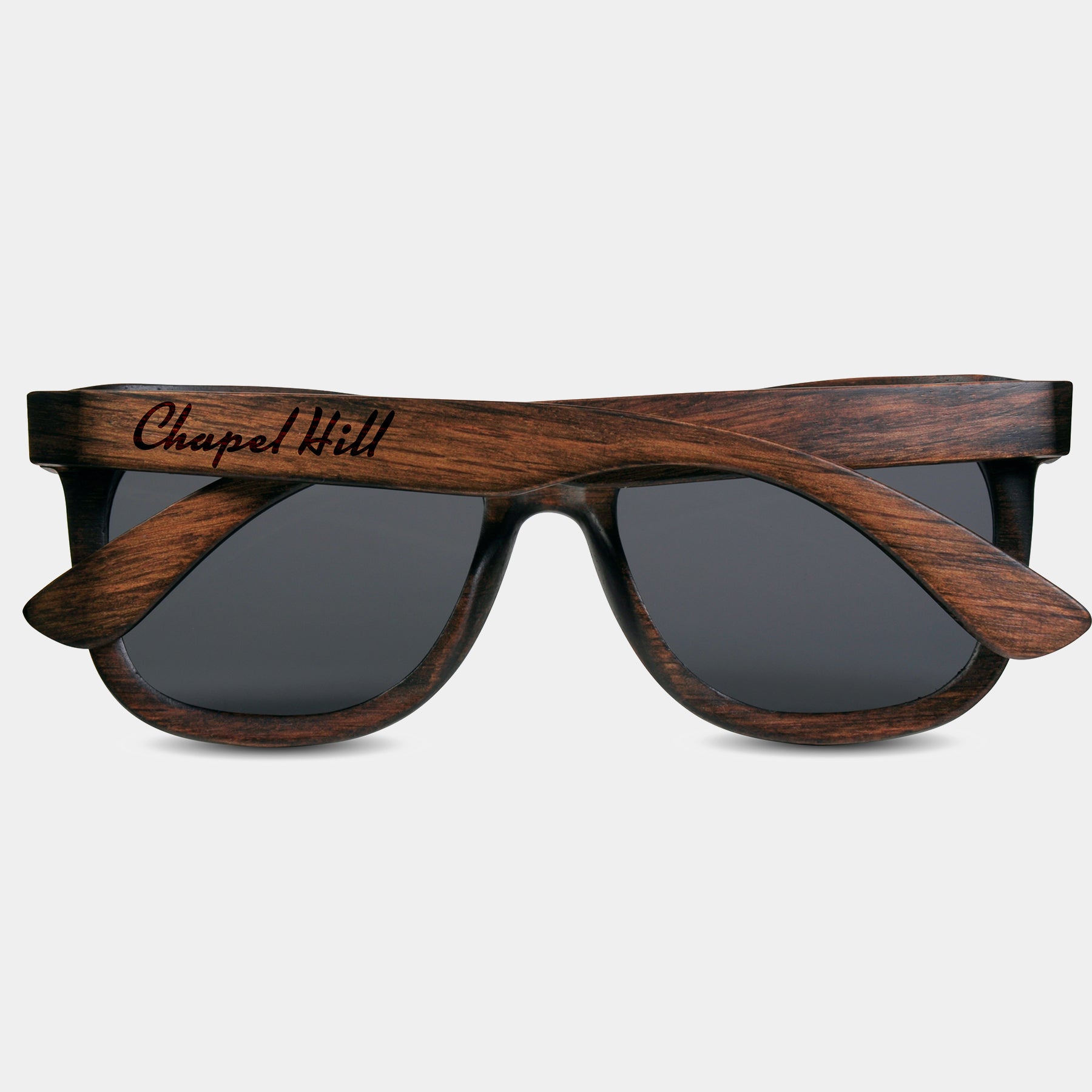 Chapel Hill North Carolina Wood Sunglasses with custom engraving.  Add Your Custom Engraving On The Right Side. Chapel Hill North Carolina Custom Gifts For Men - Chapel Hill North Carolina Sustainable Wayfarer Eyewear and Shades Front View