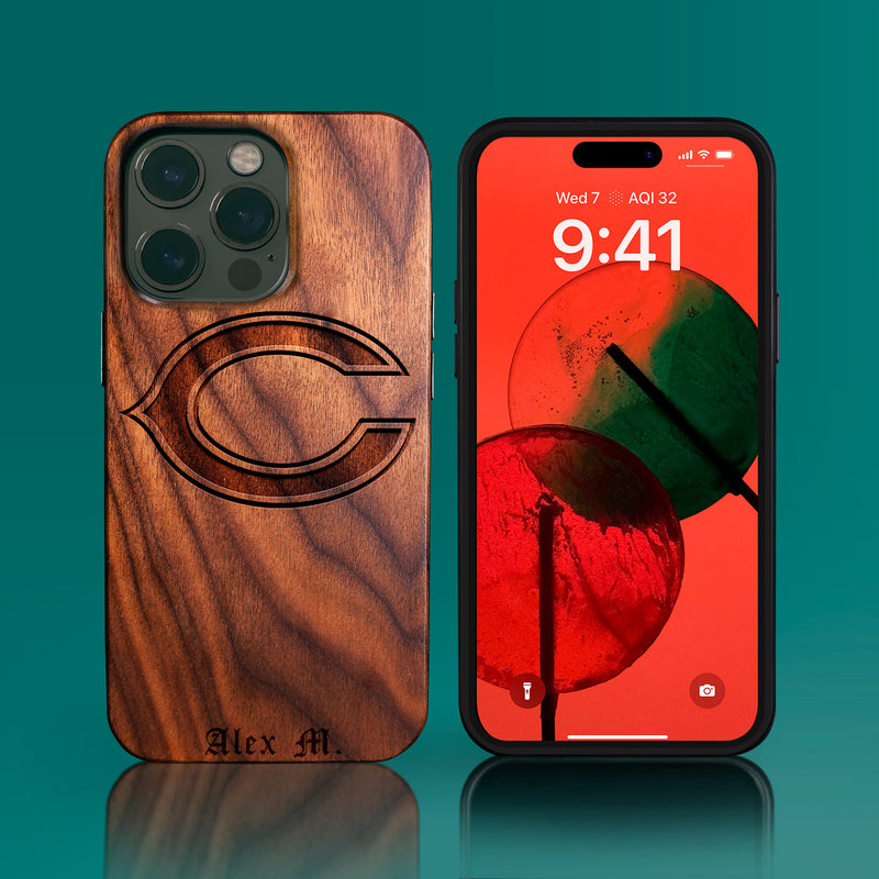 Custom Chicago Bears iPhone 14/14 Pro/14 Pro Max/14 Plus Case - Carved Wood Chicago Bears Cover