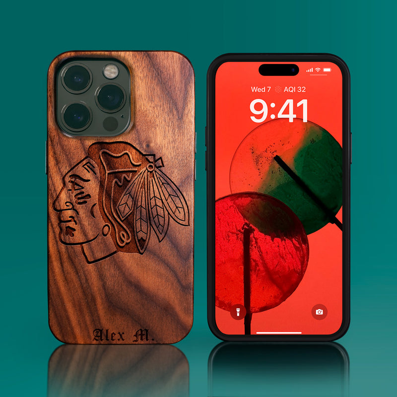 Custom Chicago Blackhawks iPhone 14/14 Pro/14 Pro Max/14 Plus Case - Carved Wood Blackhawks Cover