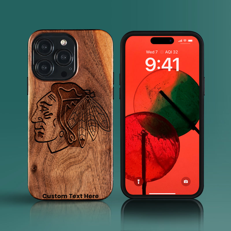 Custom Chicago Blackhawks iPhone 15/15 Pro/15 Pro Max/15 Plus Case - Carved Wood Blackhawks Cover