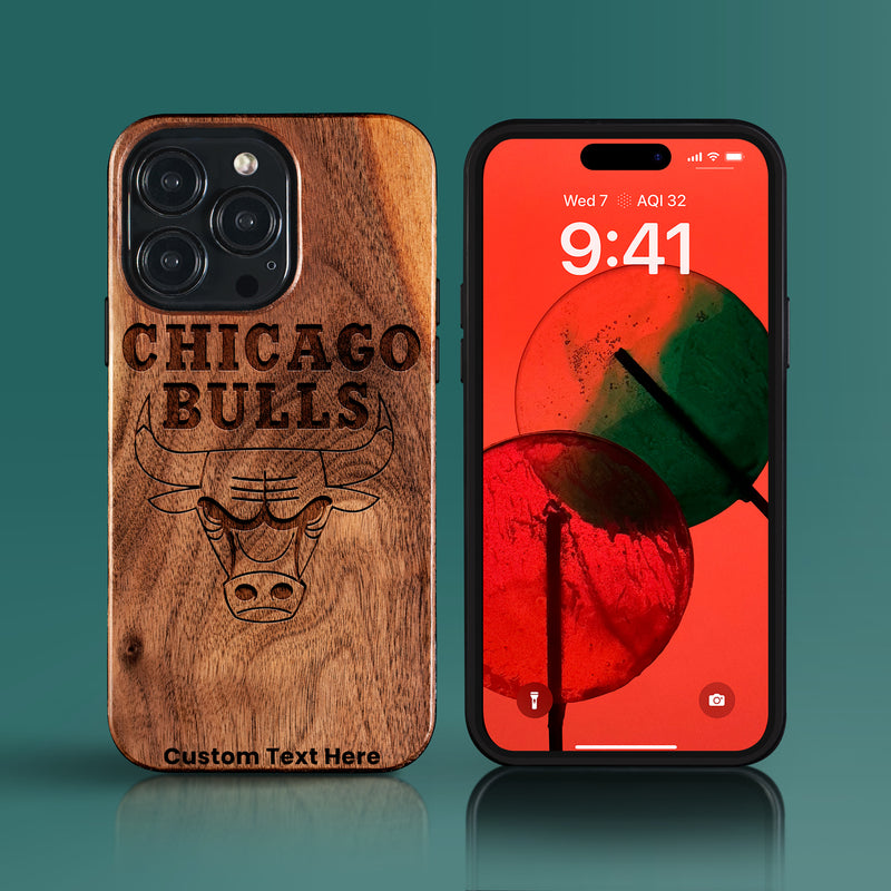 Custom Chicago Bulls iPhone 15/15 Pro/15 Pro Max/15 Plus Case - Carved Wood Bulls Cover