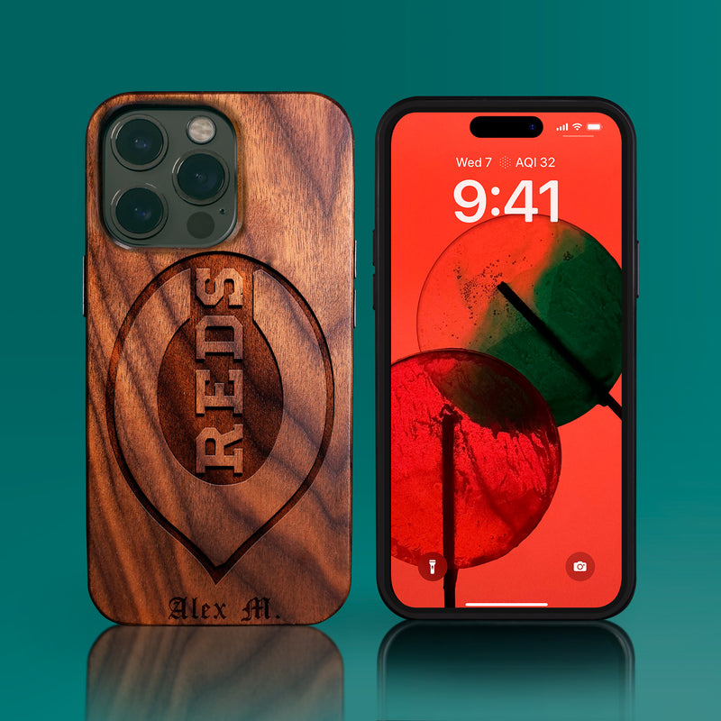 Custom Cincinnati Reds iPhone 14/14 Pro/14 Pro Max/14 Plus Case - Carved Wood Reds Cover