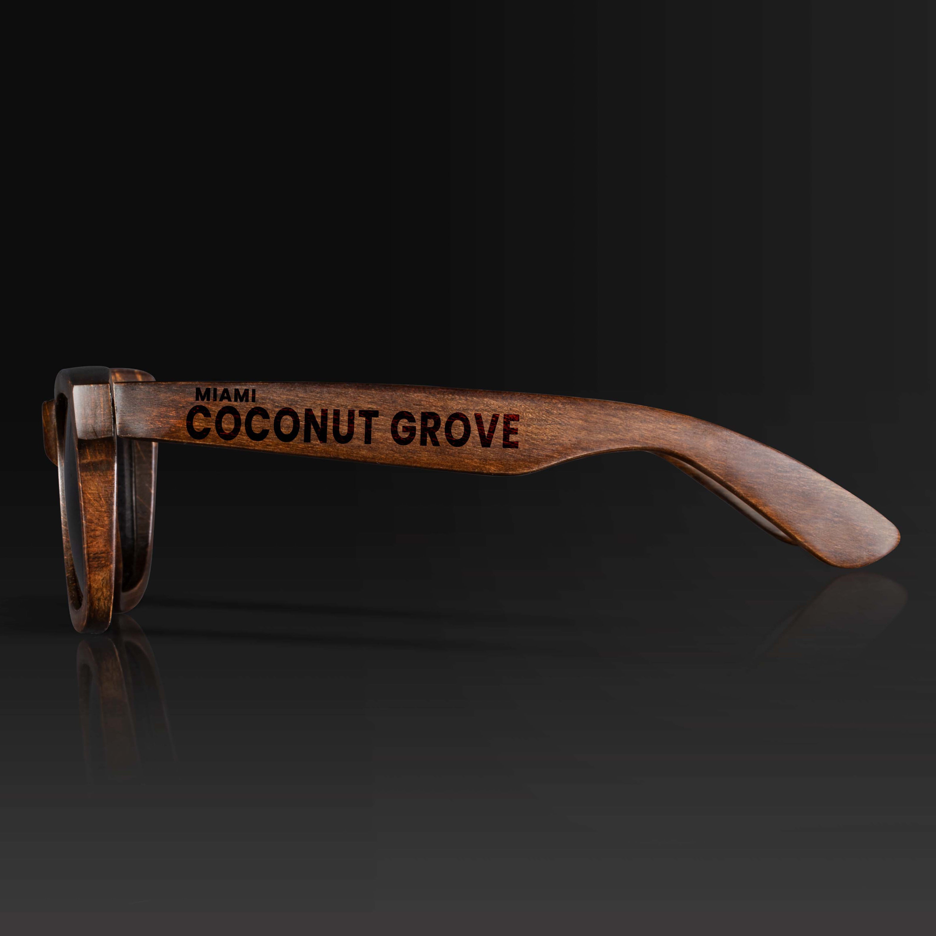 Coconut Grove Florida Wood Sunglasses with custom engraving. Custom Coconut Grove Florida Gifts For Men -  Sustainable Coconut Grove Florida eco friendly products - Personalized Coconut Grove Florida Birthday Gifts - Unique Coconut Grove Florida travel Souvenirs and gift shops. Coconut Grove Florida Wayfarer Eyewear and Shades Side