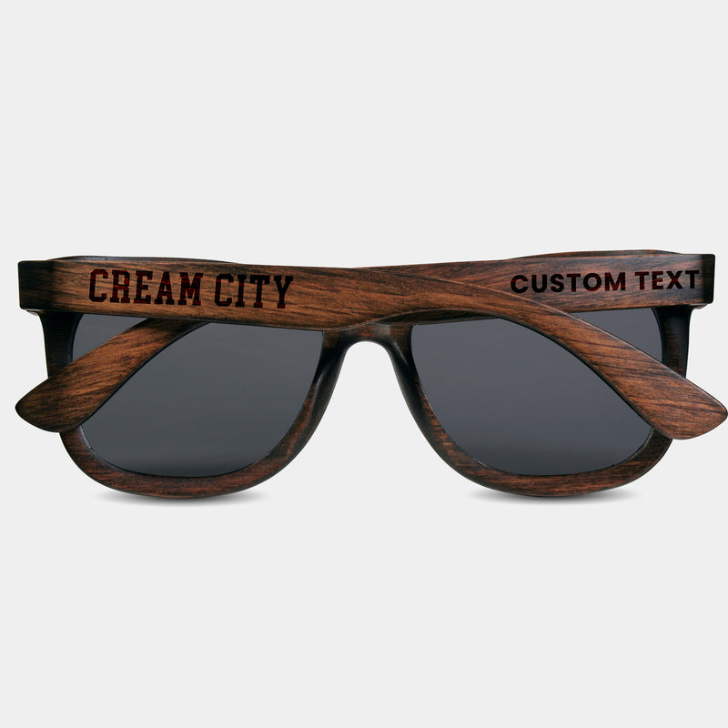 Cream City II Wisconsin Wood Sunglasses with custom engraving. Custom Cream City II Wisconsin Gifts For Men -  Sustainable Cream City II Wisconsin eco friendly products - Personalized Cream City II Wisconsin Birthday Gifts - Unique Cream City II Wisconsin travel Souvenirs and gift shops. Cream City II Wisconsin Wayfarer Eyewear and Shades 