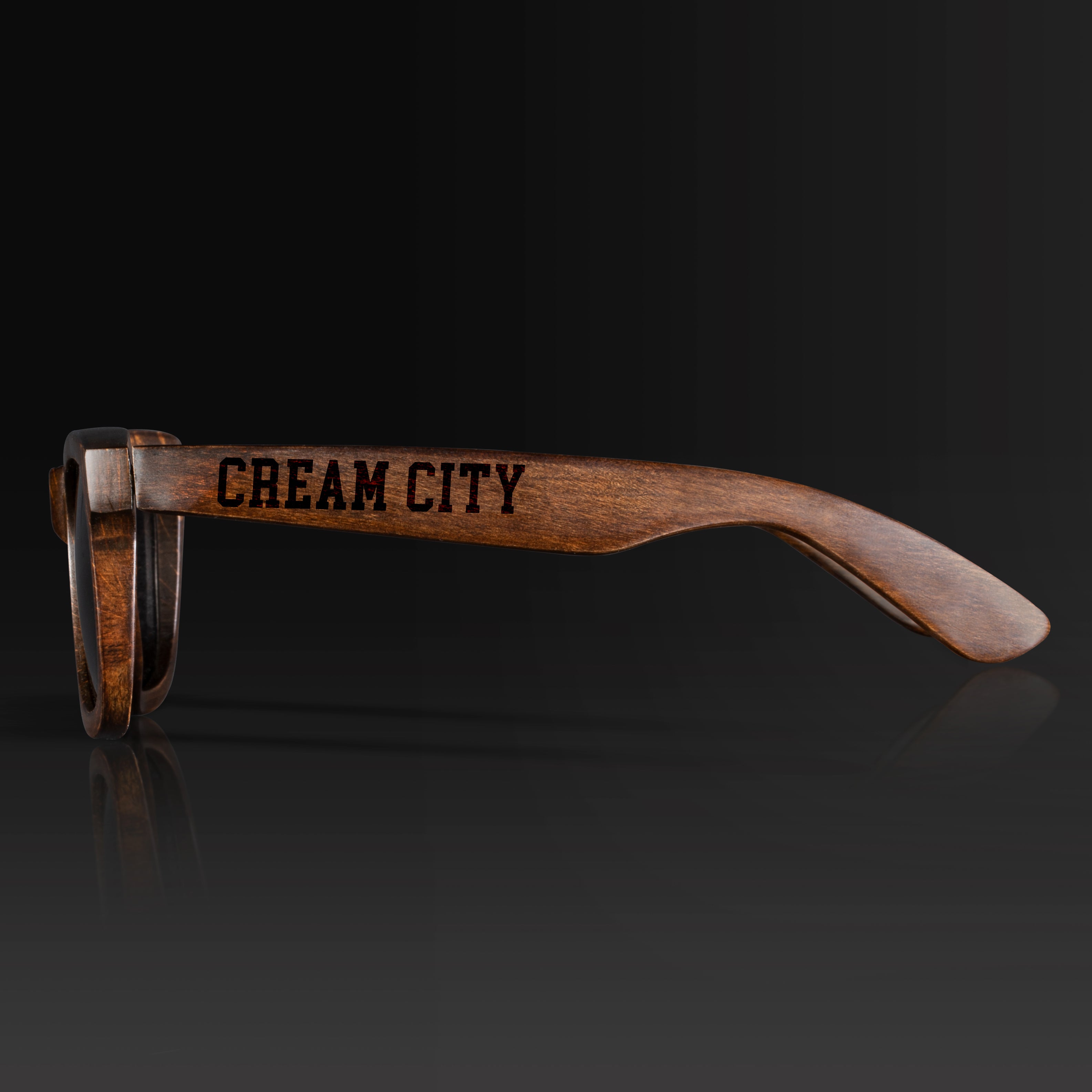 Cream City II Wisconsin Wood Sunglasses with custom engraving. Custom Cream City II Wisconsin Gifts For Men -  Sustainable Cream City II Wisconsin eco friendly products - Personalized Cream City II Wisconsin Birthday Gifts - Unique Cream City II Wisconsin travel Souvenirs and gift shops. Cream City II Wisconsin Wayfarer Eyewear and Shades Side