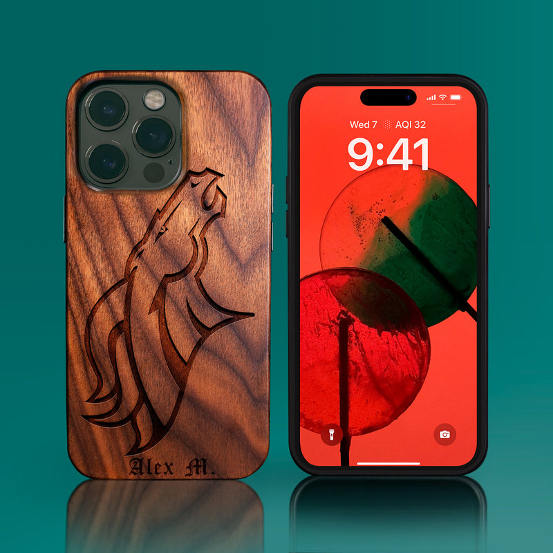Custom Denver Broncos iPhone 14/14 Pro/14 Pro Max/14 Plus Case - Carved Wood Broncos Cover