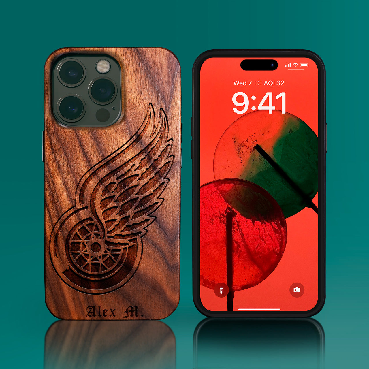Custom Detroit Red Wings iPhone 14/14 Pro/14 Pro Max/14 Plus Case - Carved Wood Red Wings Cover