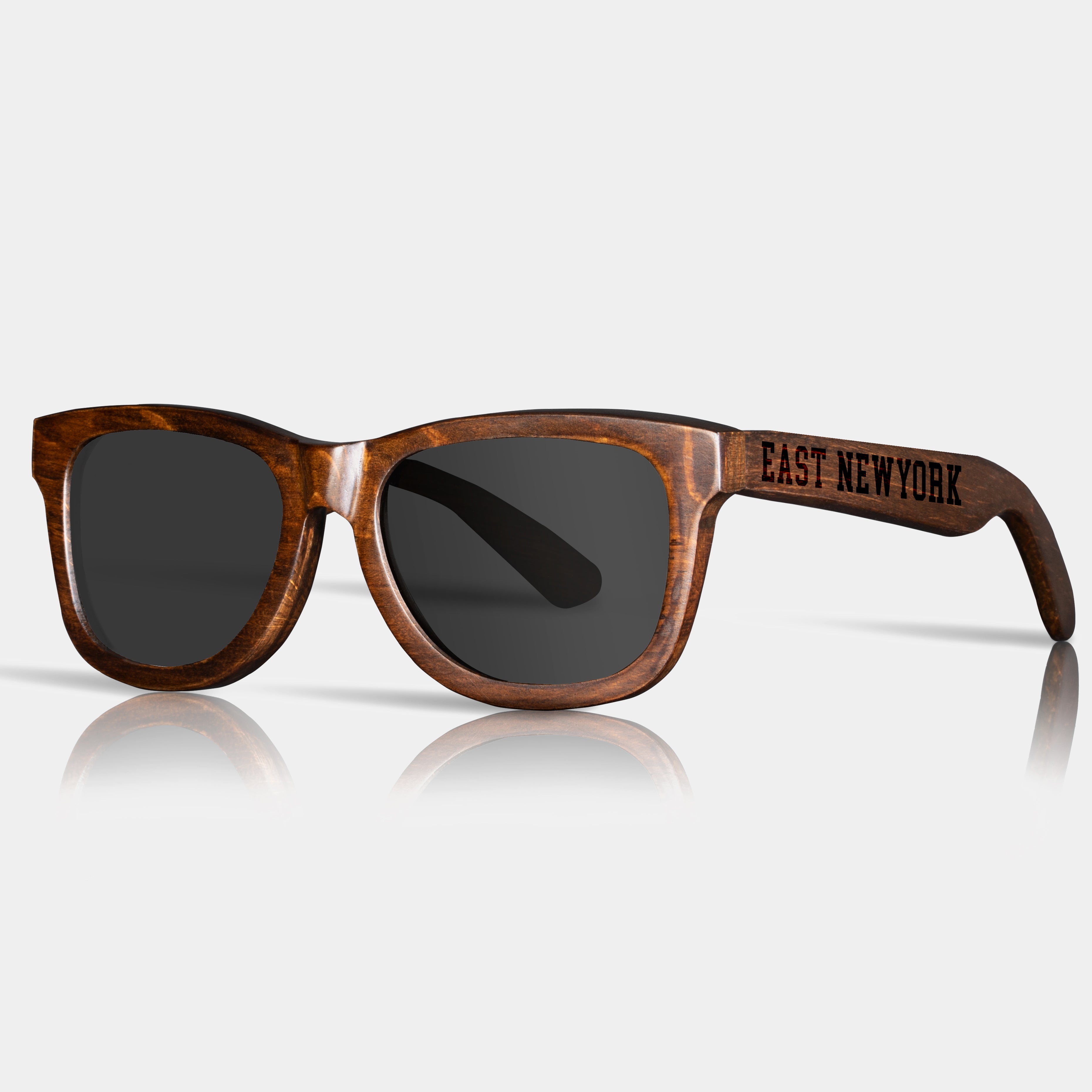 East New York II Wood Sunglasses with custom engraving. Custom East New York II Gifts For Men -  Sustainable East New York II eco friendly products - Personalized East New York II Birthday Gifts - Unique East New York II travel Souvenirs and gift shops. East New York II Wayfarer Eyewear and Shades Front View