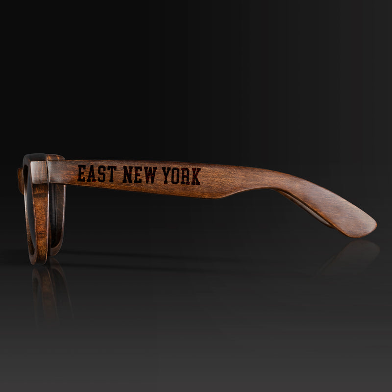 East New York II Wood Sunglasses with custom engraving. Custom East New York II Gifts For Men -  Sustainable East New York II eco friendly products - Personalized East New York II Birthday Gifts - Unique East New York II travel Souvenirs and gift shops. East New York II Wayfarer Eyewear and Shades Side