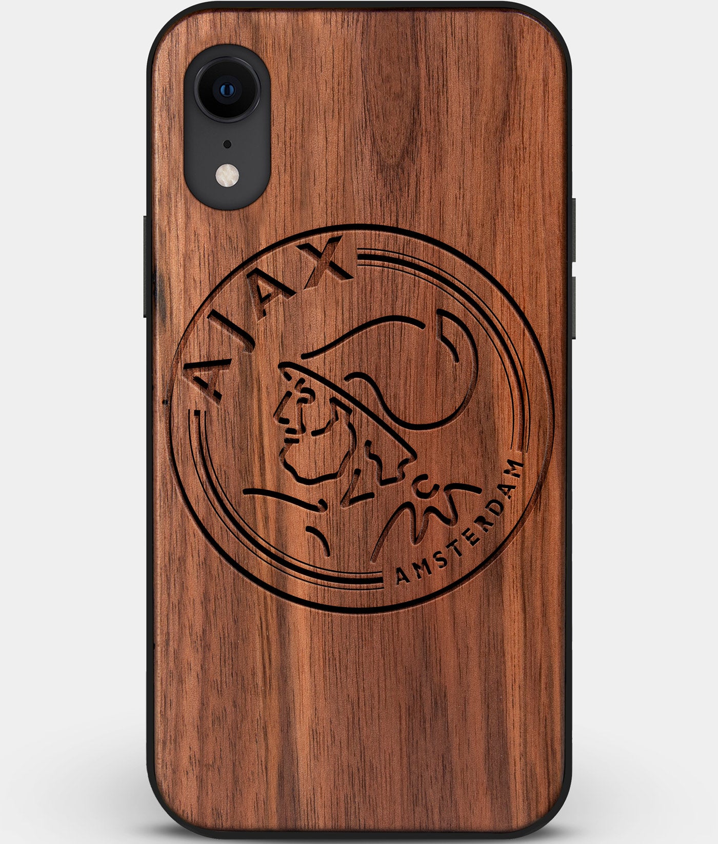Custom Carved Wood AFC Ajax iPhone XR Case | Personalized Walnut Wood AFC Ajax Cover, Birthday Gift, Gifts For Him, Monogrammed Gift For Fan | by Engraved In Nature