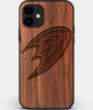 Custom Carved Wood Anaheim Ducks iPhone 11 Case | Personalized Walnut Wood Anaheim Ducks Cover, Birthday Gift, Gifts For Him, Monogrammed Gift For Fan | by Engraved In Nature