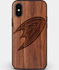 Custom Carved Wood Anaheim Ducks iPhone XS Max Case | Personalized Walnut Wood Anaheim Ducks Cover, Birthday Gift, Gifts For Him, Monogrammed Gift For Fan | by Engraved In Nature