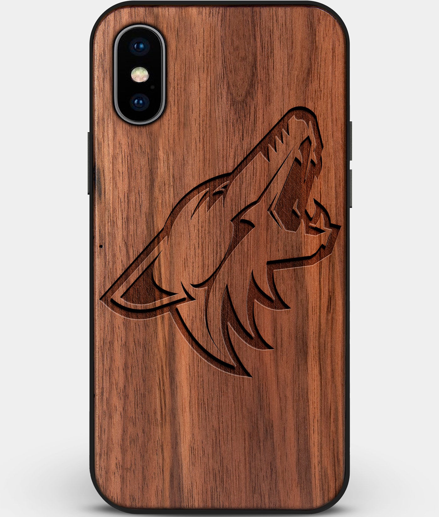 Custom Carved Wood Arizona Coyotes iPhone X/XS Case | Personalized Walnut Wood Arizona Coyotes Cover, Birthday Gift, Gifts For Him, Monogrammed Gift For Fan | by Engraved In Nature