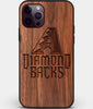 Custom Carved Wood Arizona Diamondbacks iPhone 12 Pro Case | Personalized Walnut Wood Arizona Diamondbacks Cover, Birthday Gift, Gifts For Him, Monogrammed Gift For Fan | by Engraved In Nature