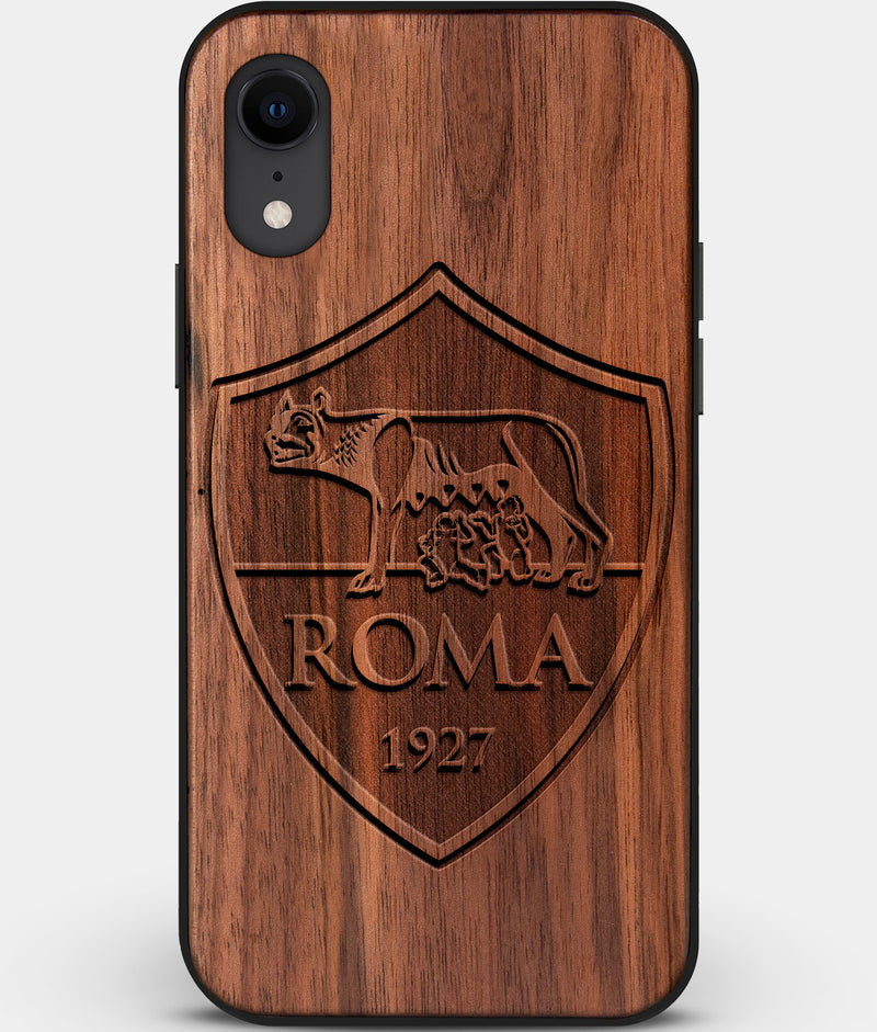 Custom Carved Wood A.S. Roma iPhone XR Case | Personalized Walnut Wood A.S. Roma Cover, Birthday Gift, Gifts For Him, Monogrammed Gift For Fan | by Engraved In Nature
