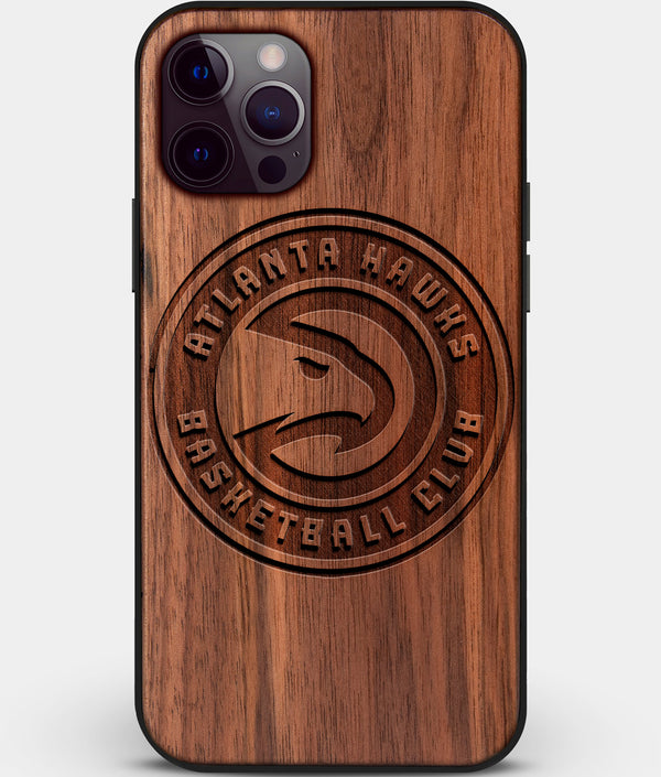 Custom Carved Wood Atlanta Hawks iPhone 12 Pro Case | Personalized Walnut Wood Atlanta Hawks Cover, Birthday Gift, Gifts For Him, Monogrammed Gift For Fan | by Engraved In Nature