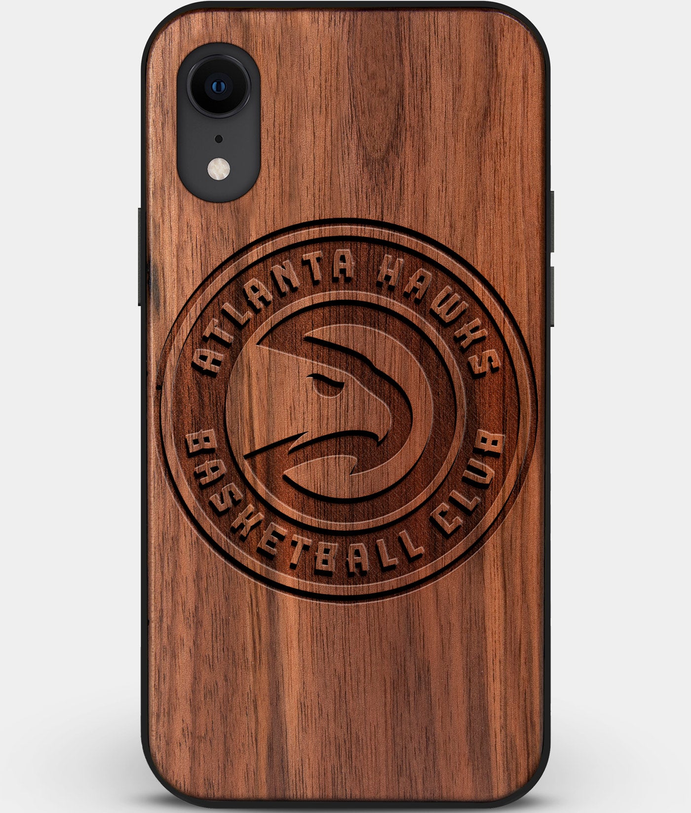 Custom Carved Wood Atlanta Hawks iPhone XR Case | Personalized Walnut Wood Atlanta Hawks Cover, Birthday Gift, Gifts For Him, Monogrammed Gift For Fan | by Engraved In Nature