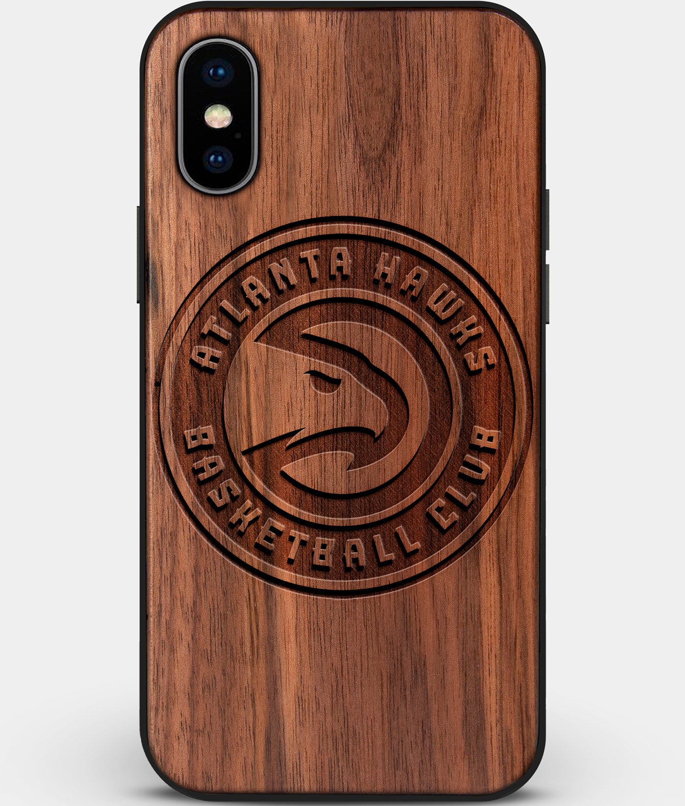 Custom Carved Wood Atlanta Hawks iPhone X/XS Case | Personalized Walnut Wood Atlanta Hawks Cover, Birthday Gift, Gifts For Him, Monogrammed Gift For Fan | by Engraved In Nature