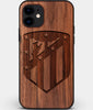 Custom Carved Wood Atletico Madrid iPhone 12 Mini Case | Personalized Walnut Wood Atletico Madrid Cover, Birthday Gift, Gifts For Him, Monogrammed Gift For Fan | by Engraved In Nature